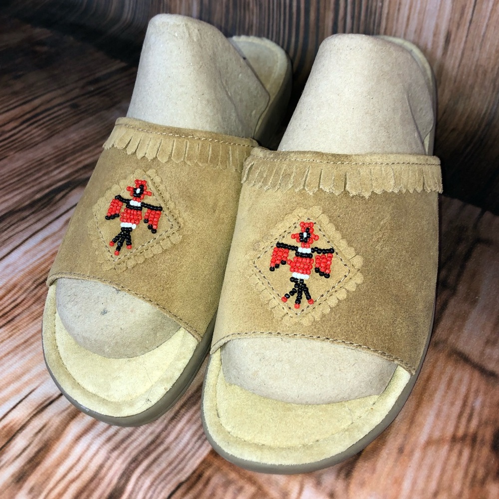 Minnetonka Brown Suede Leather Fringe Beaded Sandals Slides - Picture 2 of 12